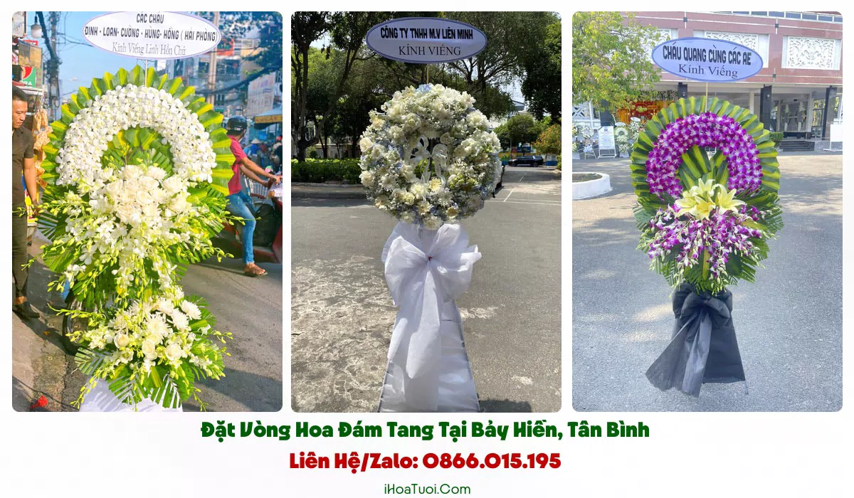 Vòng hoa viếng tông trắng vàng hợp phong tục Phật giáo tại Bảy Hiền