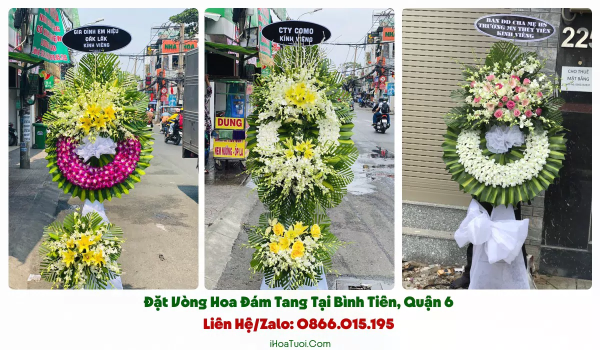Vòng hoa cúc vàng huệ trắng viếng đám tang Phường Bình Tiên hợp phong tục miền Nam