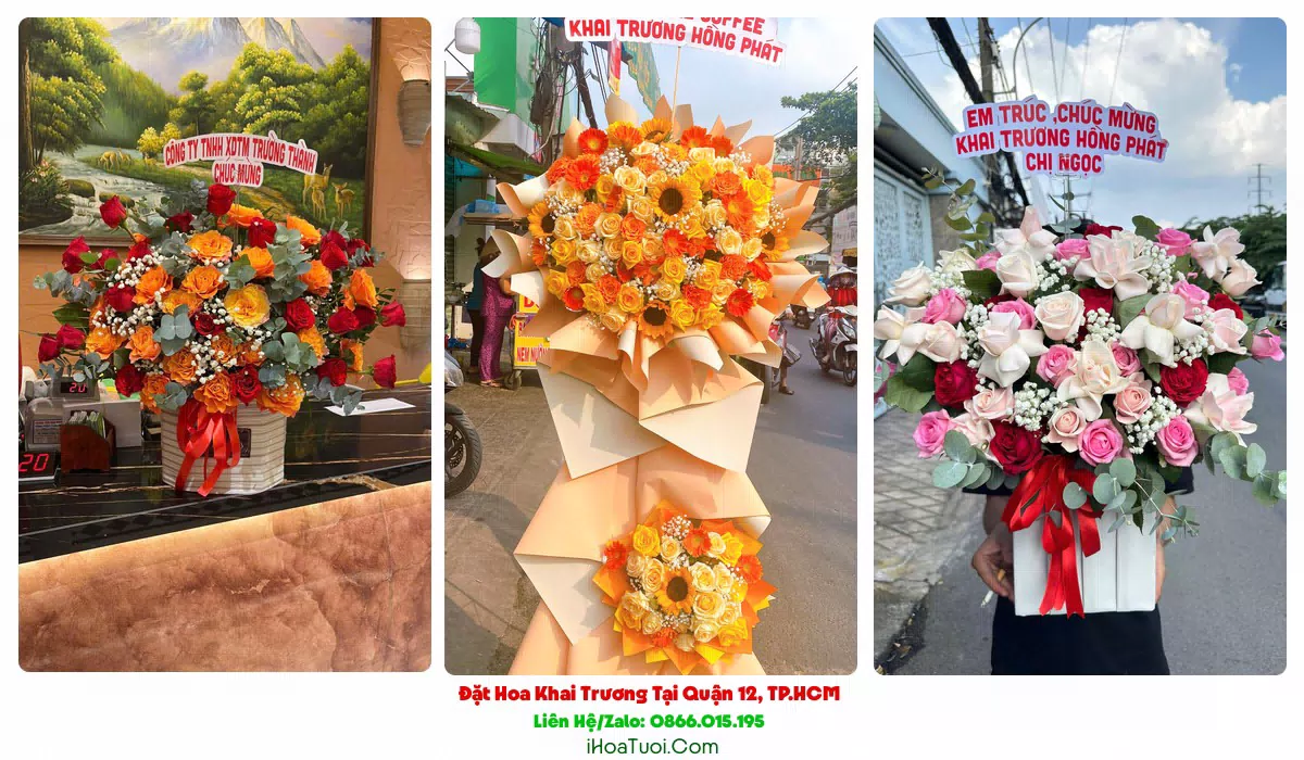 Kệ hoa khai trương Quận 12 tông đỏ vàng nổi bật