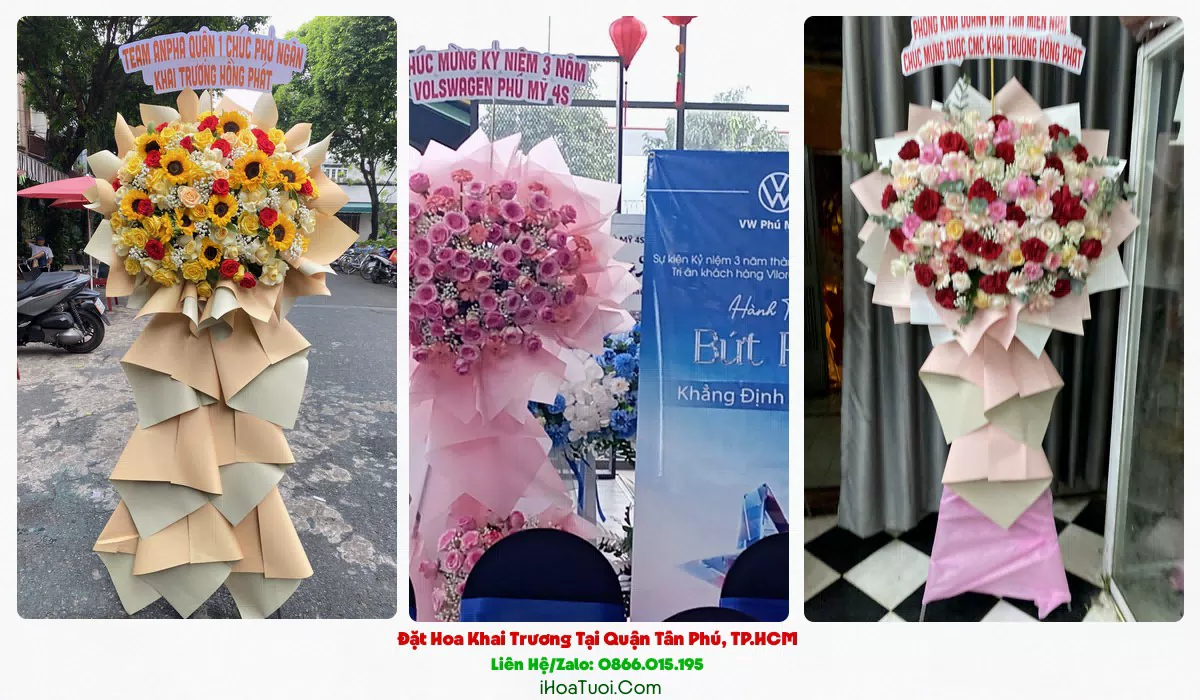 Lẵng hoa khai trương tông đỏ vàng tại Tân Phú