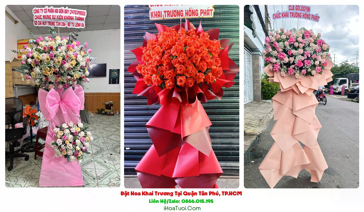 Kệ hoa khai trương tông đỏ vàng phong thủy tại Tân Phú