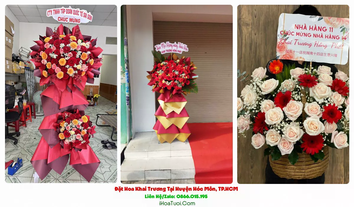 Kệ hoa khai trương kèm băng rôn chúc mừng tại Huyện Hóc Môn
