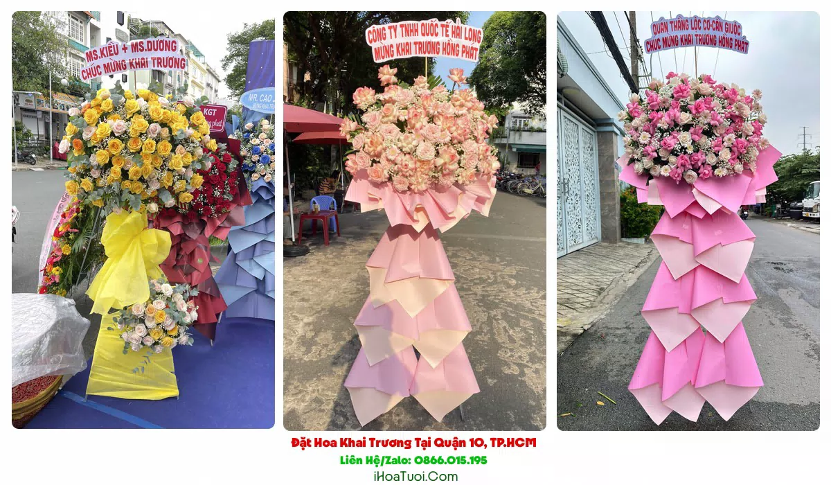 Lẵng hoa khai trương Quận 10 tông đỏ vàng