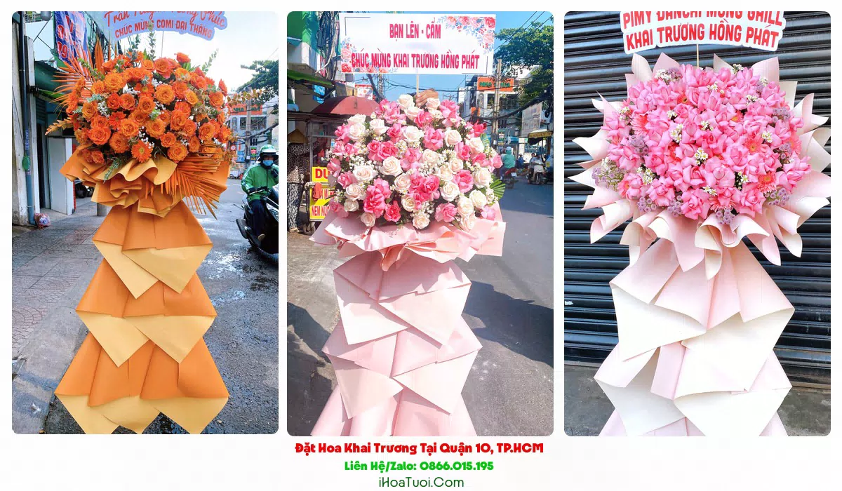 Băng rôn chúc mừng khai trương kèm kệ hoa Quận 10