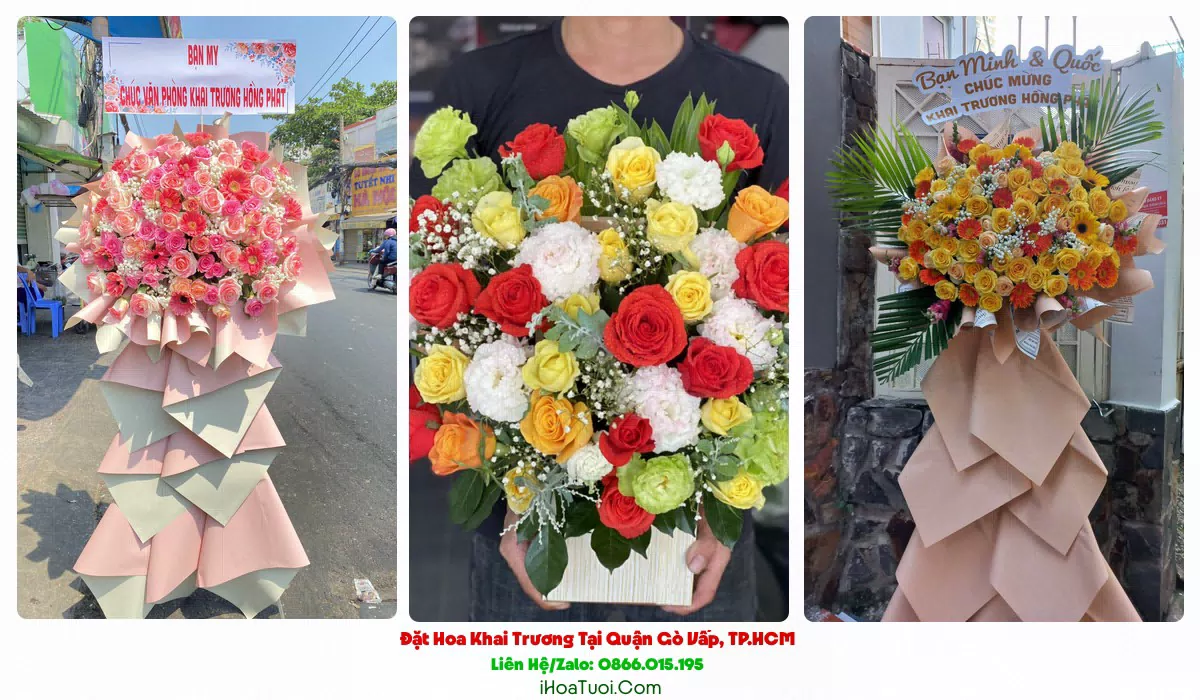 Kệ hoa khai trương kèm băng rôn chúc mừng tại Gò Vấp