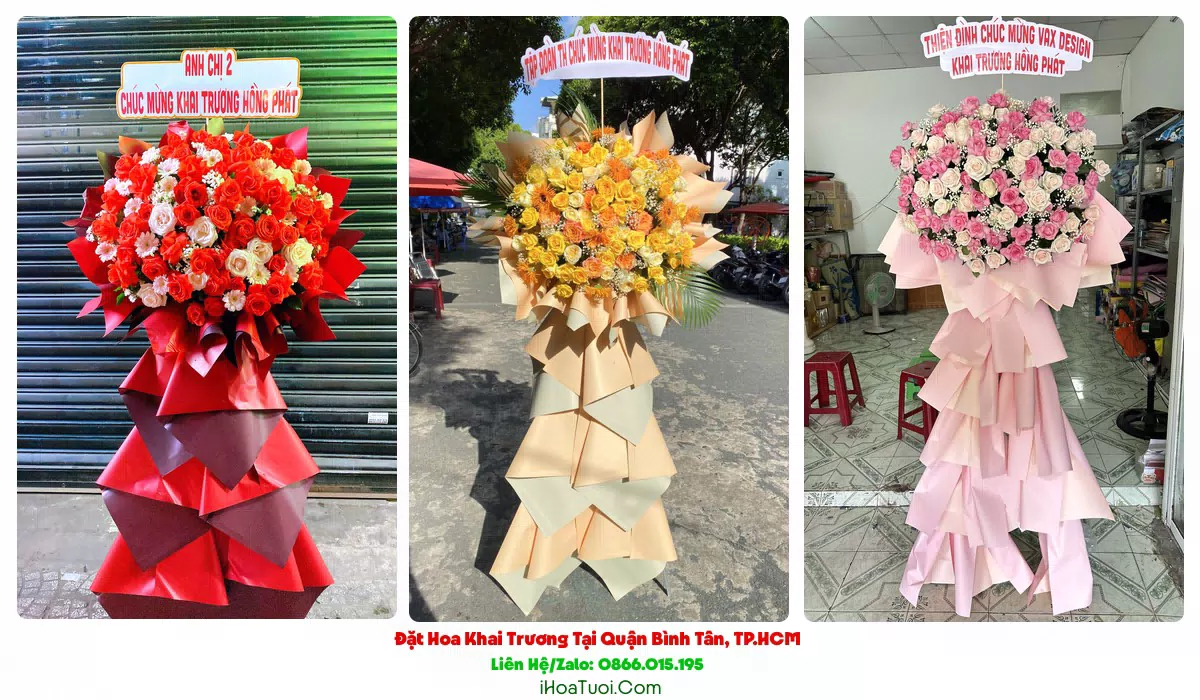 Kệ hoa khai trương Quận Bình Tân tông đỏ vàng may mắn