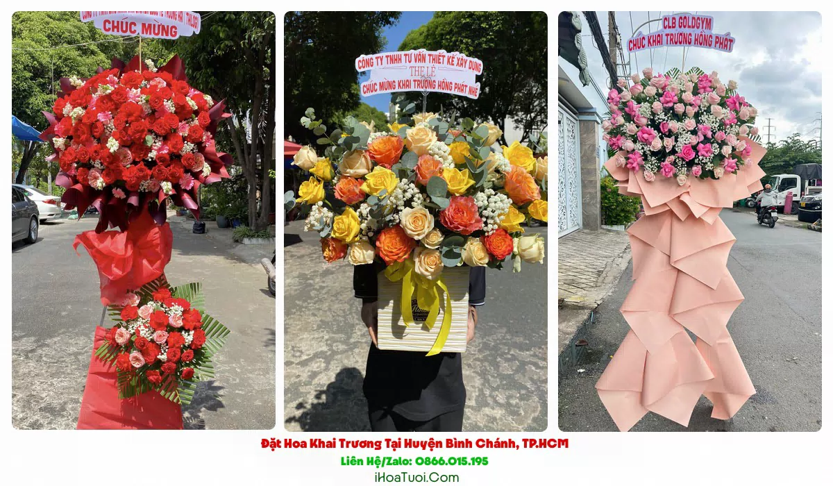 Lẵng hoa khai trương tông đỏ vàng giao tại Bình Chánh