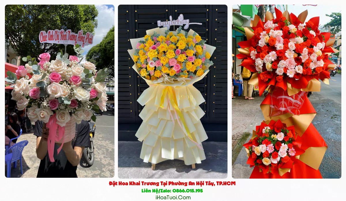 Kệ hoa khai trương Phường An Hội Tây tông đỏ vàng rực rỡ