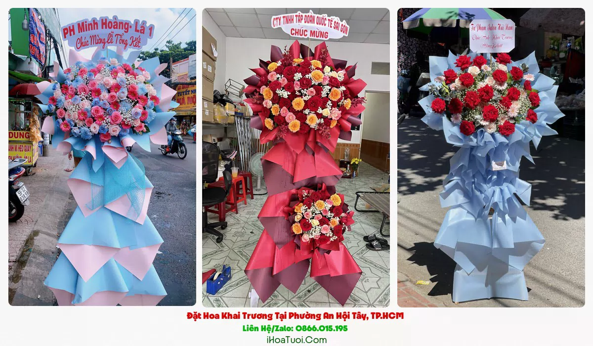 Kệ hoa khai trương 2 tầng tông đỏ vàng tại Phường An Hội Tây