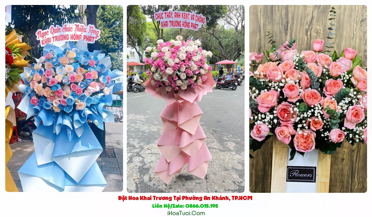 Lẵng hoa khai trương tông đỏ vàng cho Phường An Khánh