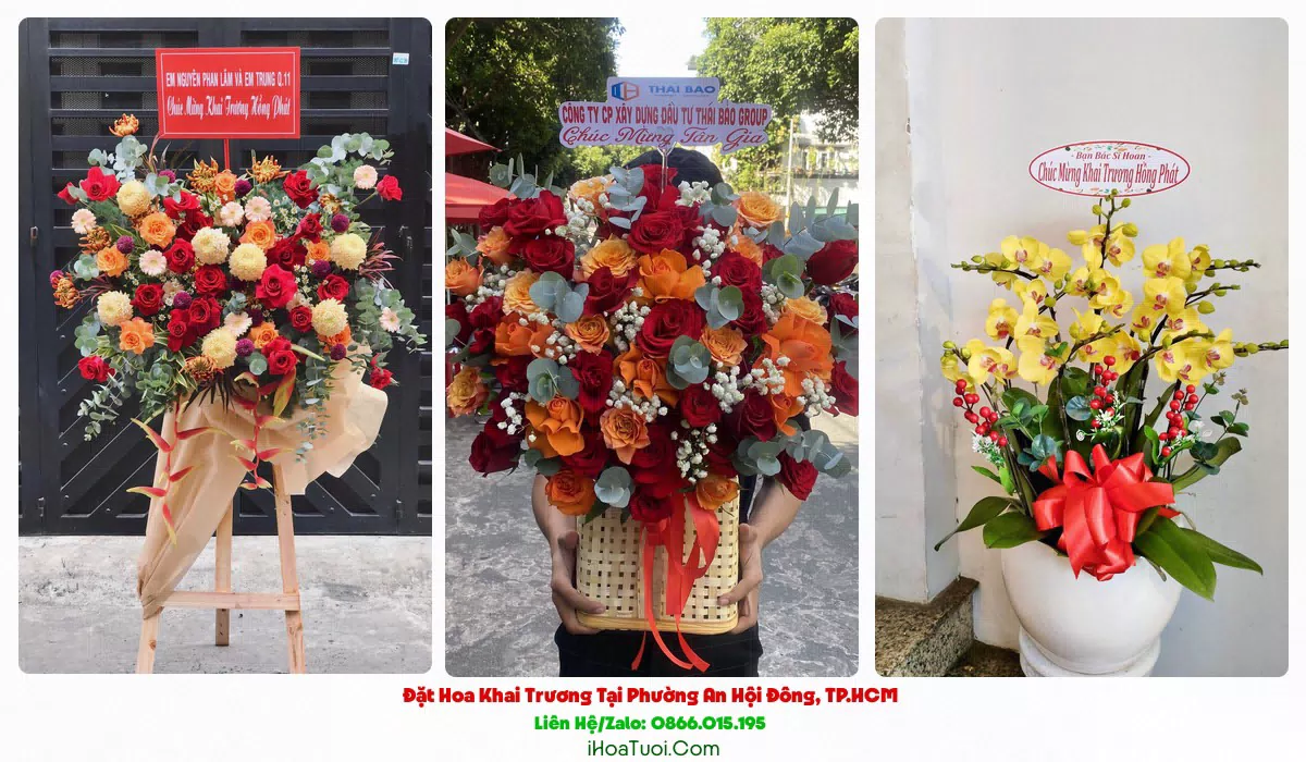 Kệ hoa khai trương tông đỏ vàng Phường An Hội Đông