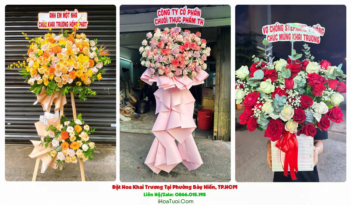 Lẵng hoa khai trương tông đỏ vàng giao tại Phường Bảy Hiền