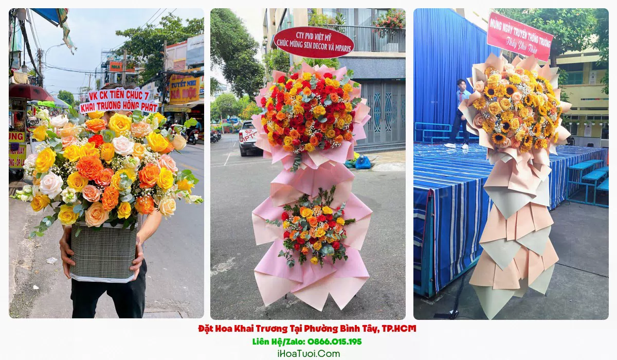 Giỏ hoa khai trương nhỏ gọn cho sạp chợ Phường Bình Tây
