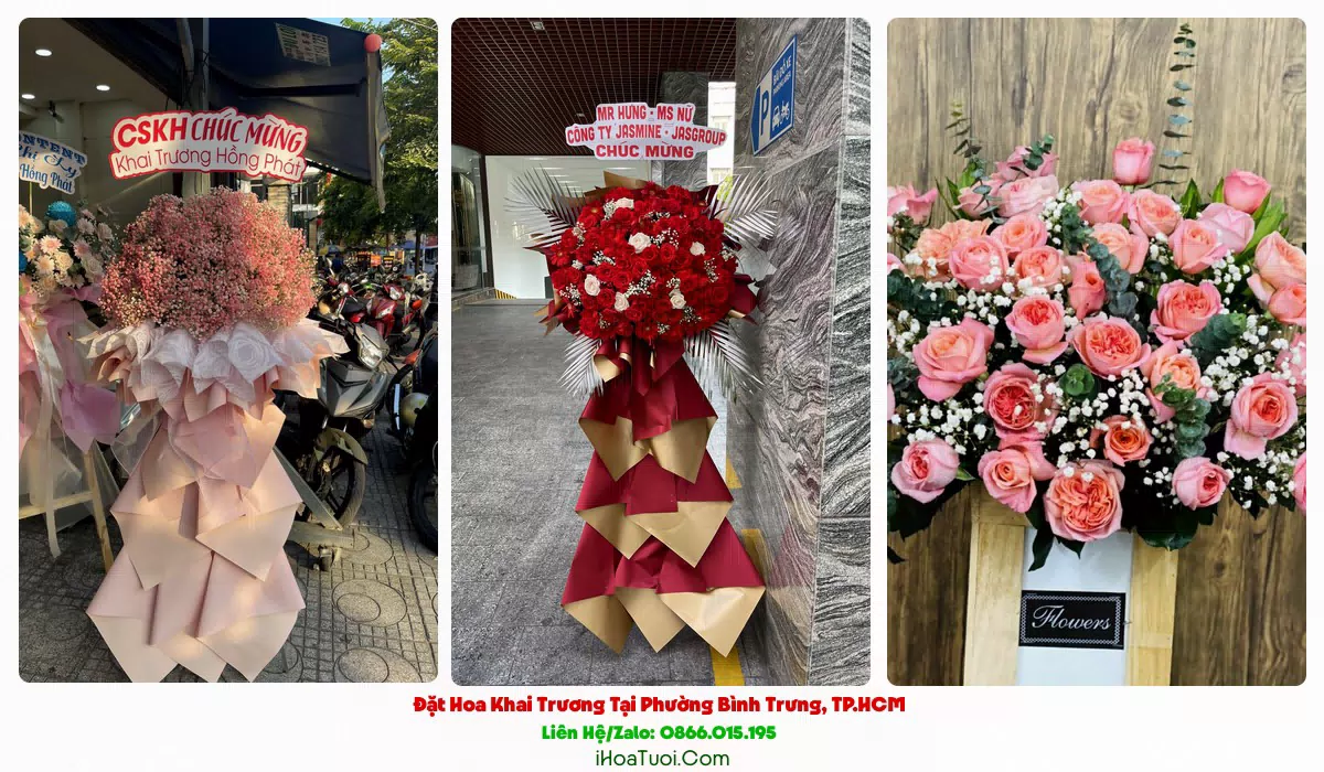 Lẵng hoa chúc mừng khai trương tông đỏ vàng tại Phường Bình Trưng