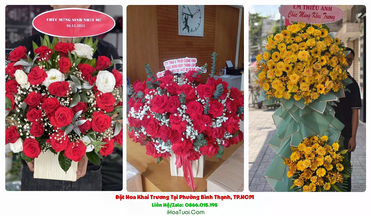 Kệ hoa khai trương Phường Bình Thạnh tông đỏ vàng rực rỡ
