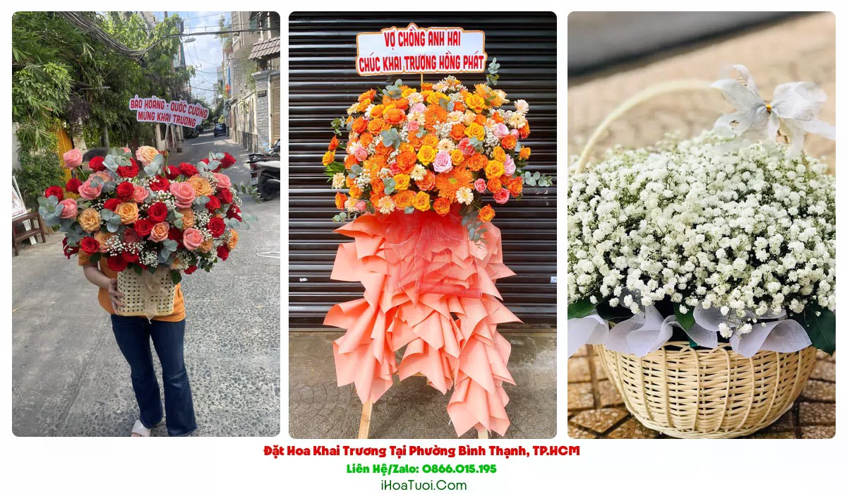 Kệ hoa 2 tầng khai trương Phường Bình Thạnh tông vàng đỏ