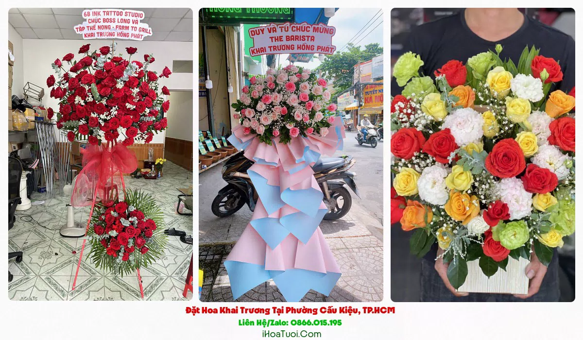 Kệ hoa khai trương Phường Cầu Kiệu tông đỏ vàng rực rỡ