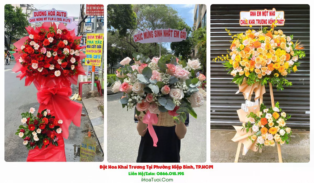 Kệ hoa khai trương Phường Hiệp Bình tông đỏ vàng