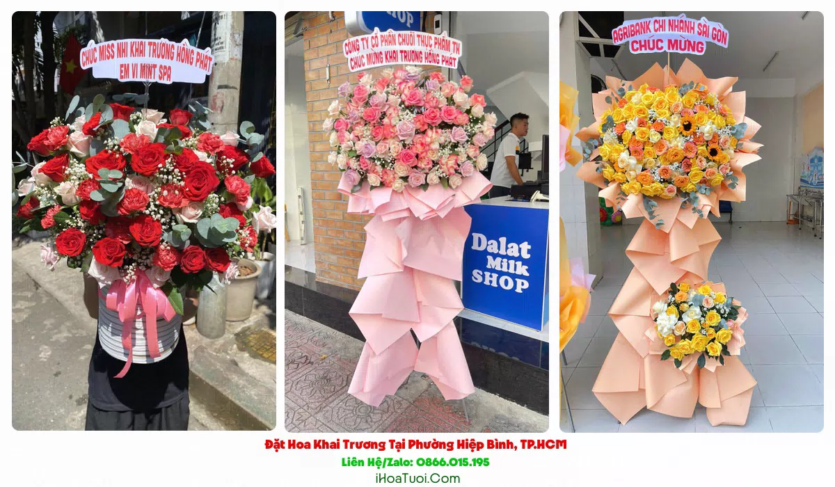 Kệ hoa khai trương băng rôn chúc mừng tại Phường Hiệp Bình