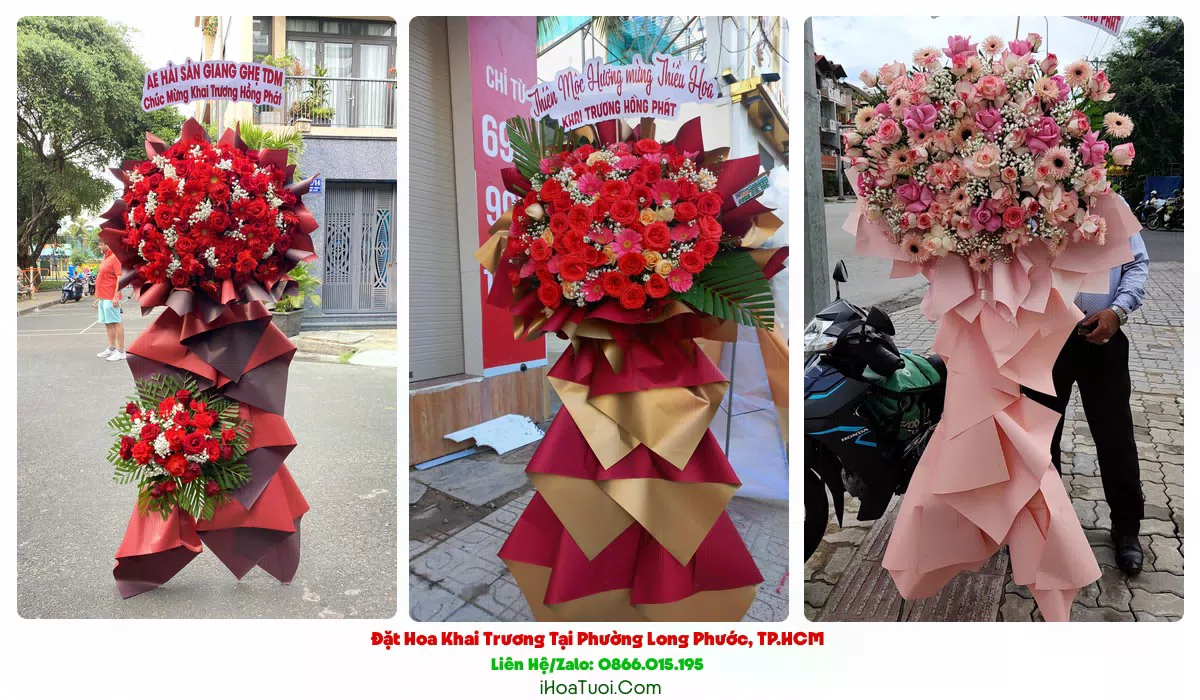 Lẵng hoa chúc mừng khai trương tông đỏ vàng tại Phường Long Phước