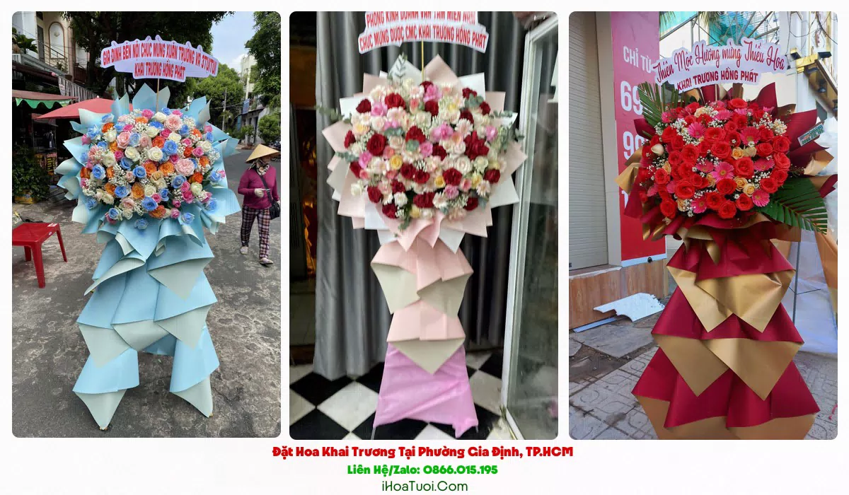 Lẵng hoa khai trương tông vàng đỏ tại Phường Gia Định