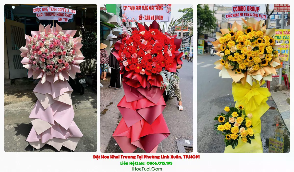 Kệ hoa khai trương Phường Linh Xuân tông đỏ vàng rực rỡ