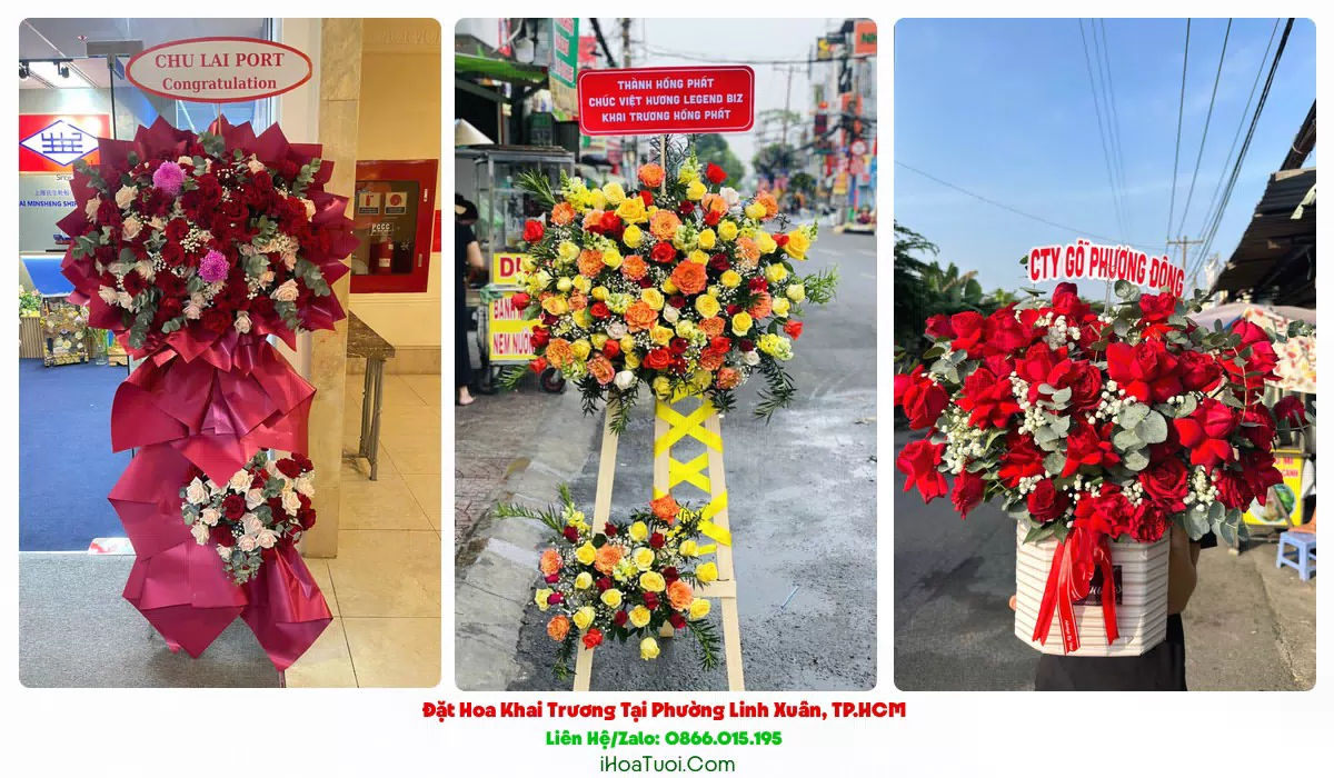 Kệ hoa khai trương kèm băng rôn chúc mừng tại Phường Linh Xuân