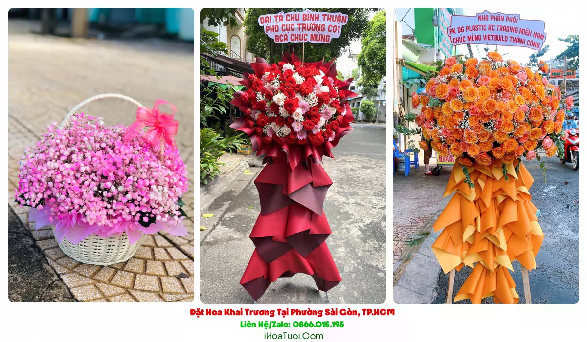 Kệ hoa khai trương Phường Sài Gòn 2 tầng tông đỏ vàng