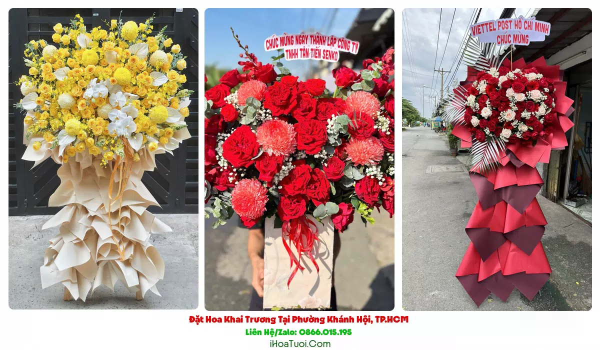 Kệ hoa khai trương Phường Khánh Hội tông đỏ vàng rực rỡ