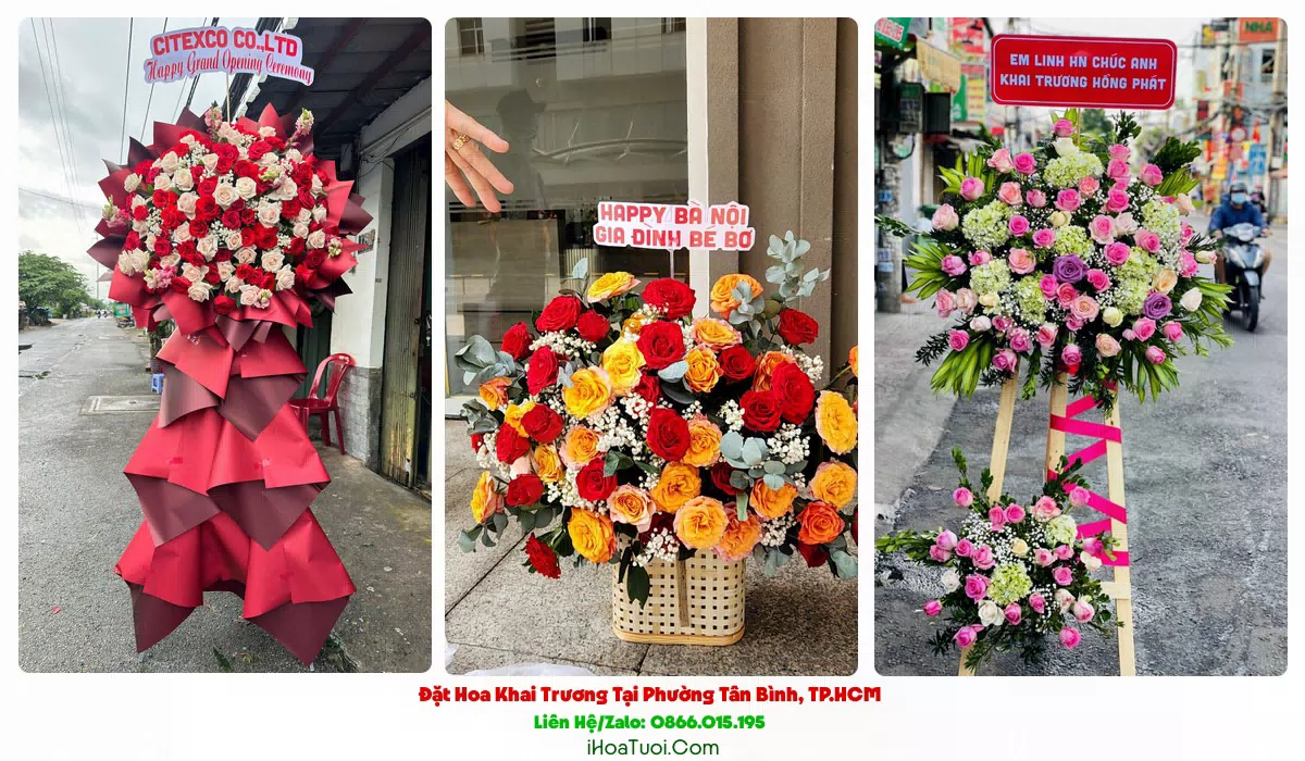 Kệ hoa khai trương Phường Tân Bình tông đỏ vàng rực rỡ