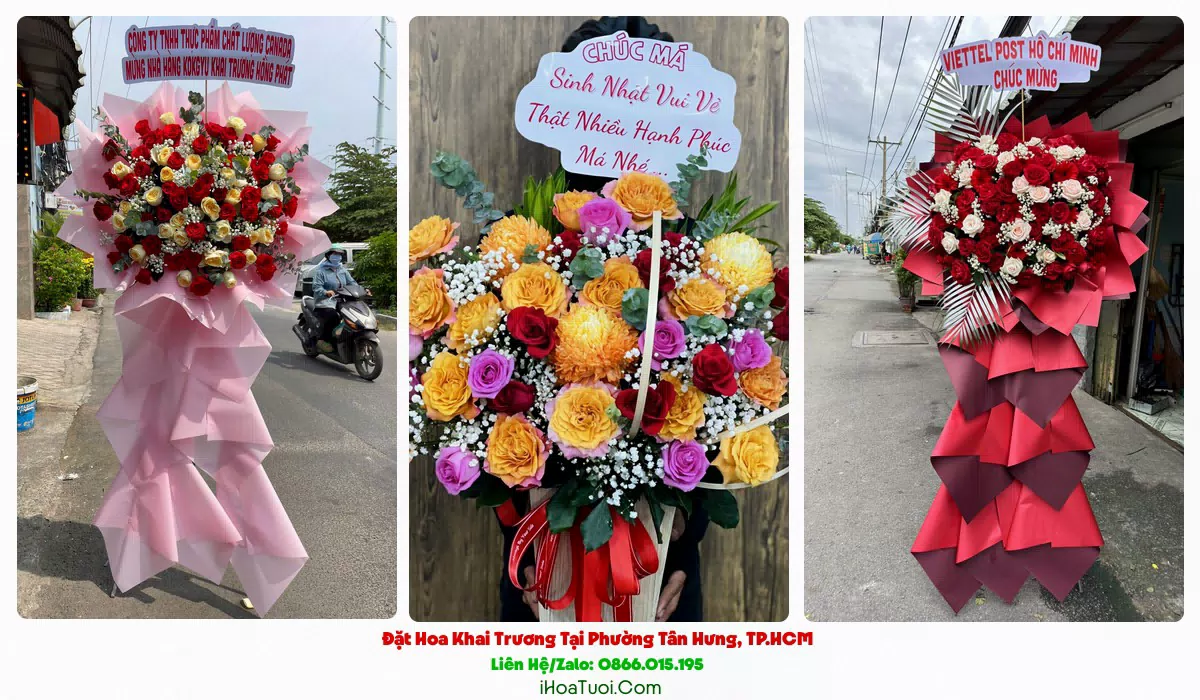 Kệ hoa khai trương Phường Tân Hưng tông đỏ vàng nổi bật