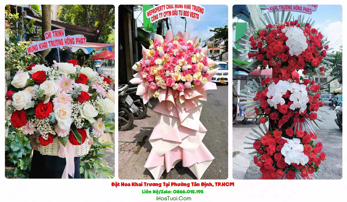Lẵng hoa chúc mừng khai trương tông đỏ vàng tại Phường Tân Định