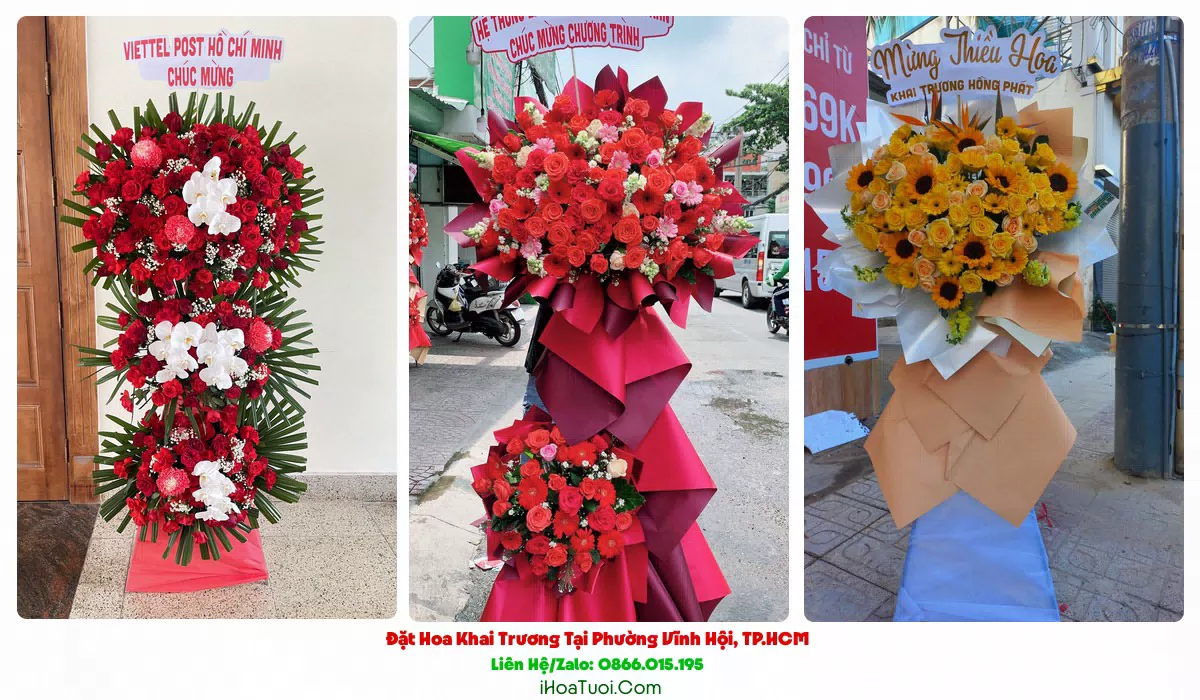 Kệ hoa khai trương Phường Vĩnh Hội tông đỏ vàng rực rỡ