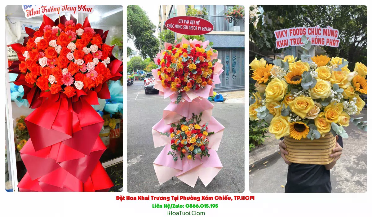 Kệ hoa khai trương tông đỏ vàng tại Phường Xóm Chiếu