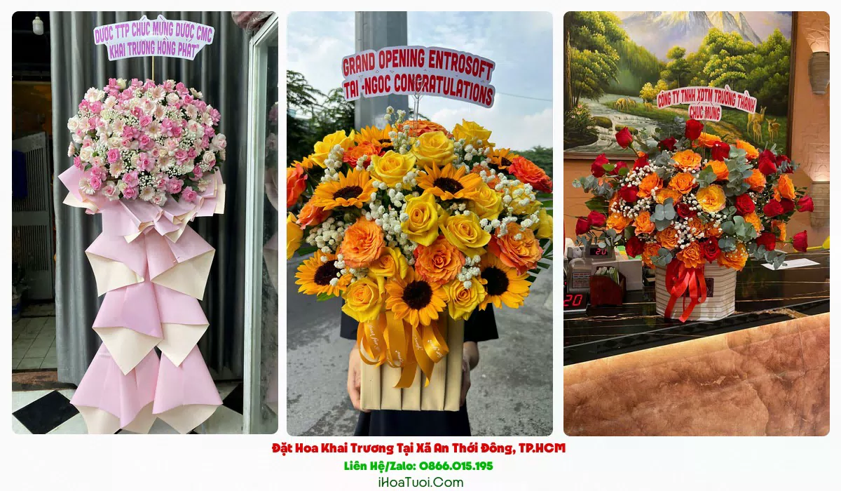 Lẵng hoa khai trương tông đỏ vàng tại Xã An Thới Đông