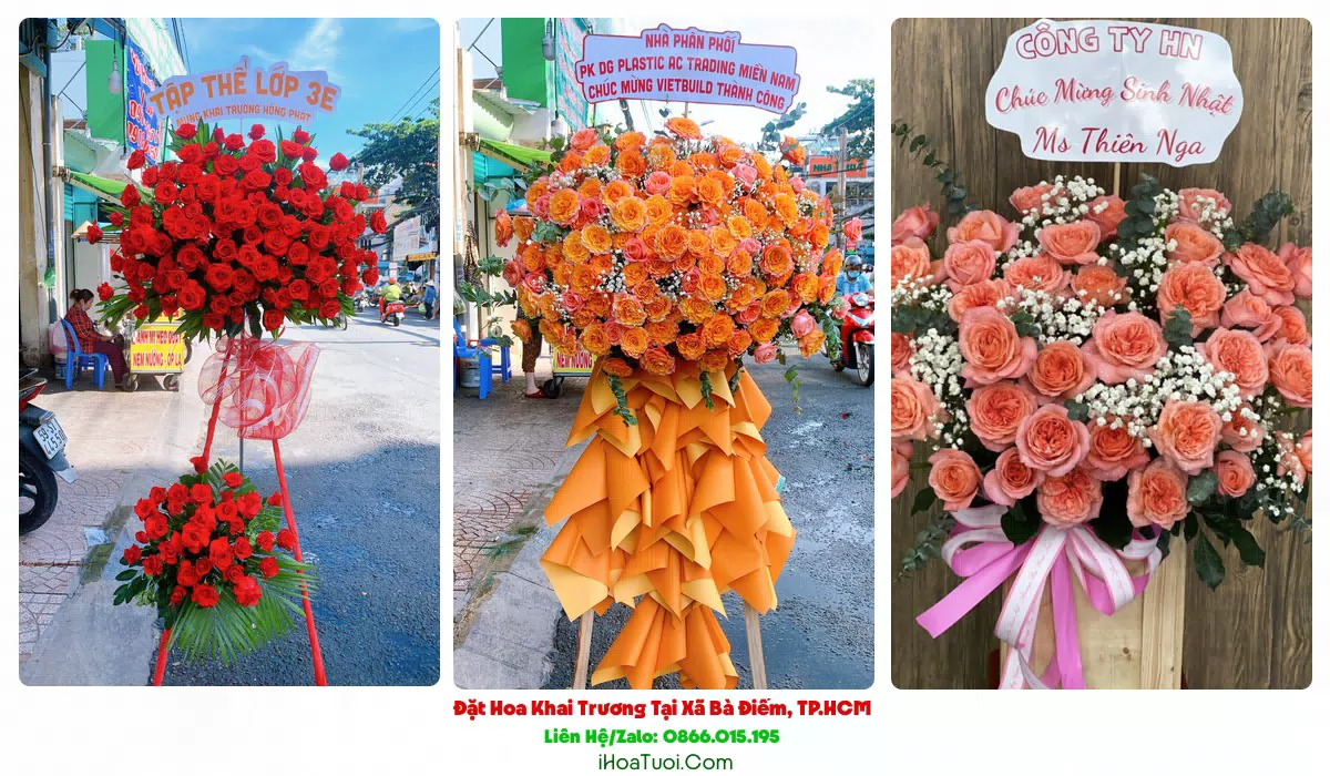 Kệ hoa khai trương tông đỏ vàng mừng khai trương Xã Bà Điểm