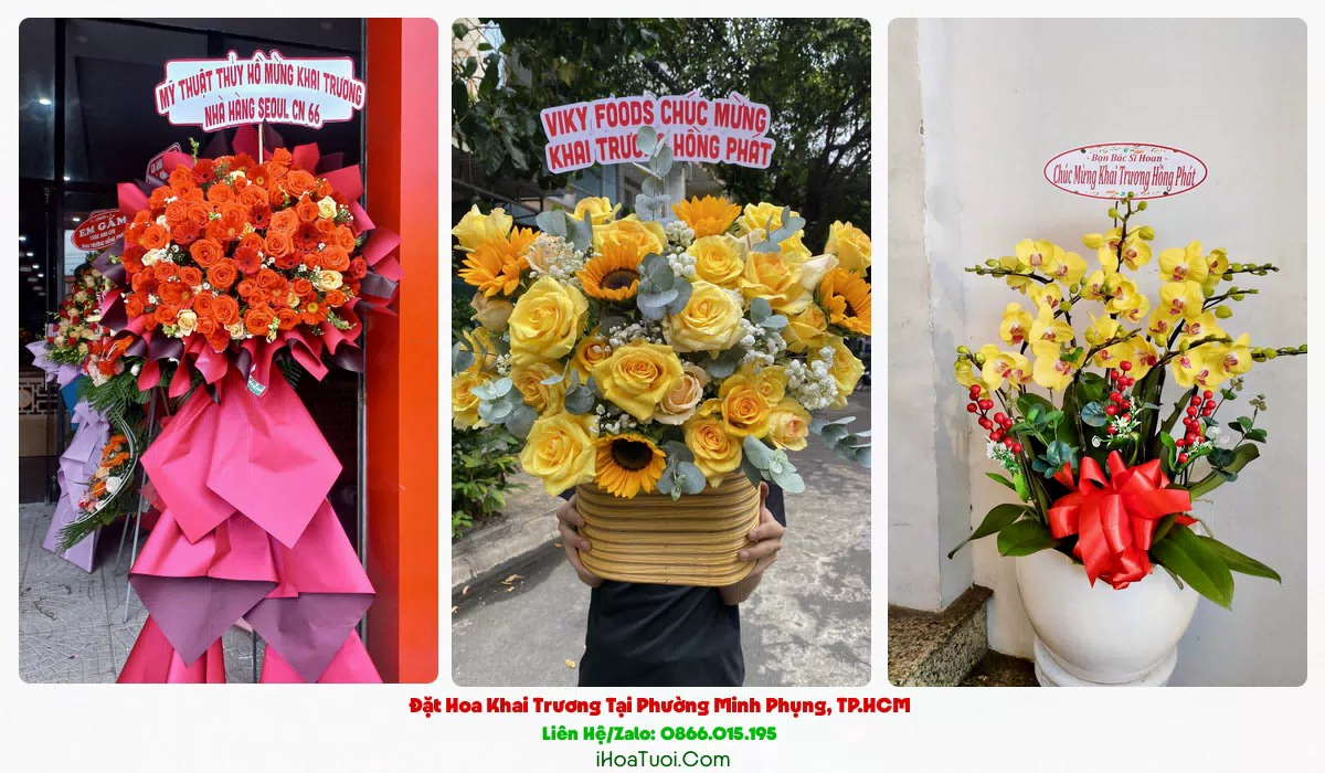 Lẵng hoa khai trương tông đỏ vàng tại Phường Minh Phụng