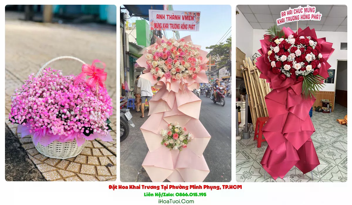 Kệ hoa khai trương phong thủy màu đỏ vàng Phường Minh Phụng