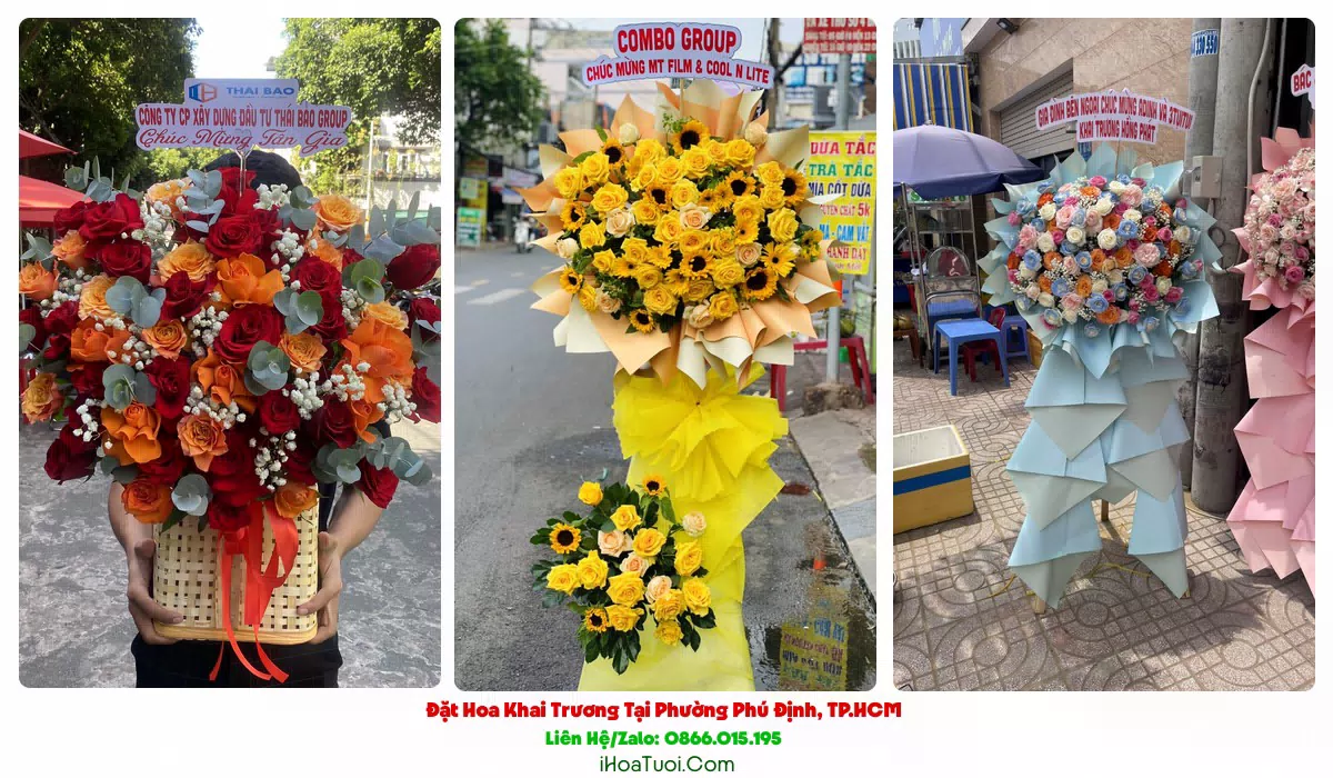 Băng rôn hoa khai trương chúc mừng tại Phường Phú Định