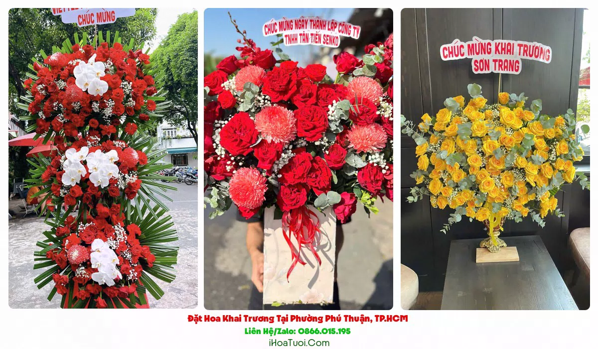 Lẵng hoa chúc mừng khai trương tông đỏ vàng tại Phường Phú Thuận