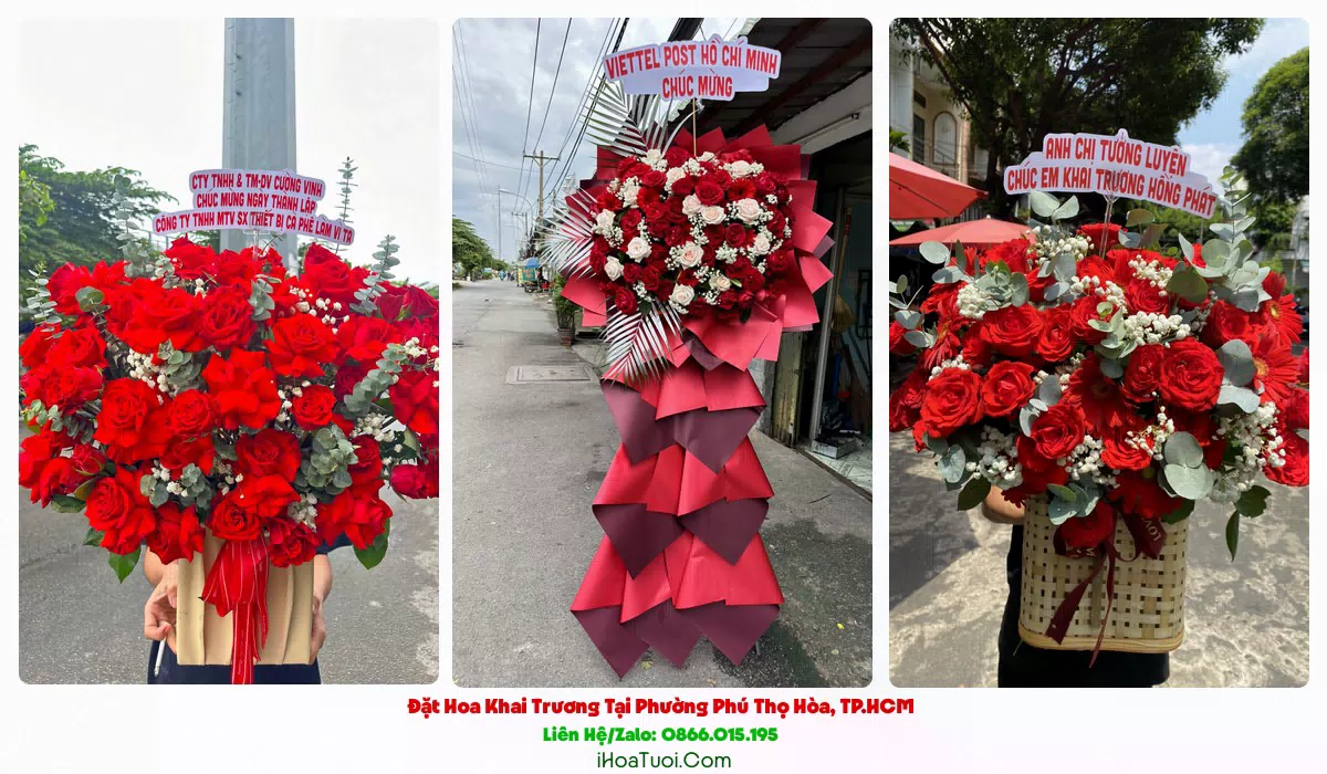 Lẵng hoa chúc mừng khai trương tông đỏ vàng tại Phú Thọ Hòa