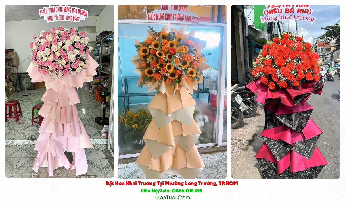 Lẵng hoa khai trương tông đỏ vàng tặng công ty tại Phường Long Trường