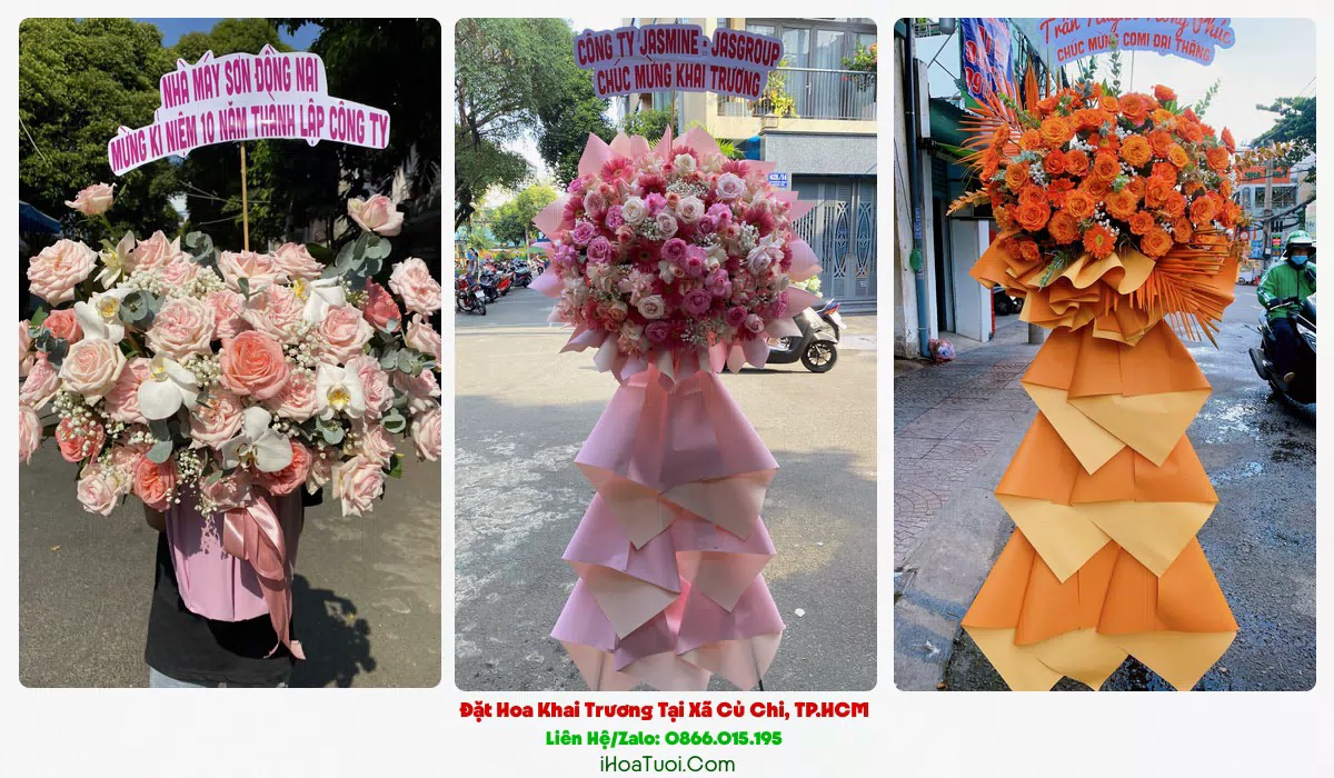 Kệ hoa khai trương Xã Củ Chi tông đỏ vàng