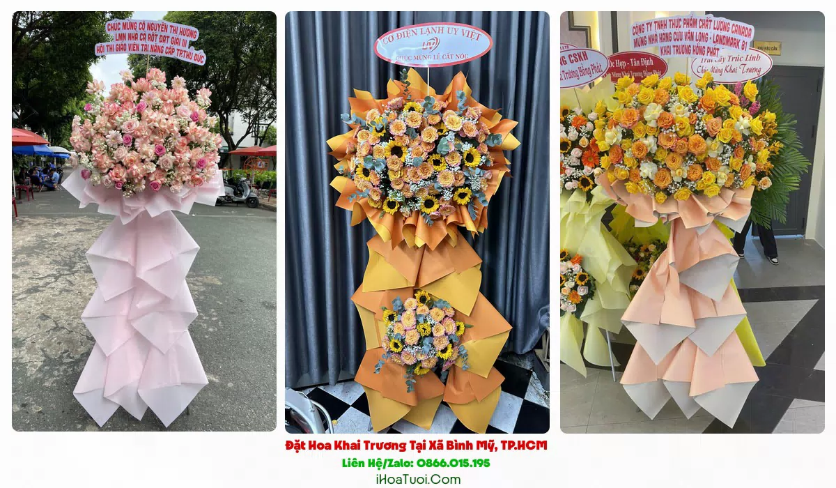 Kệ hoa khai trương Xã Bình Mỹ tông đỏ vàng rực rỡ