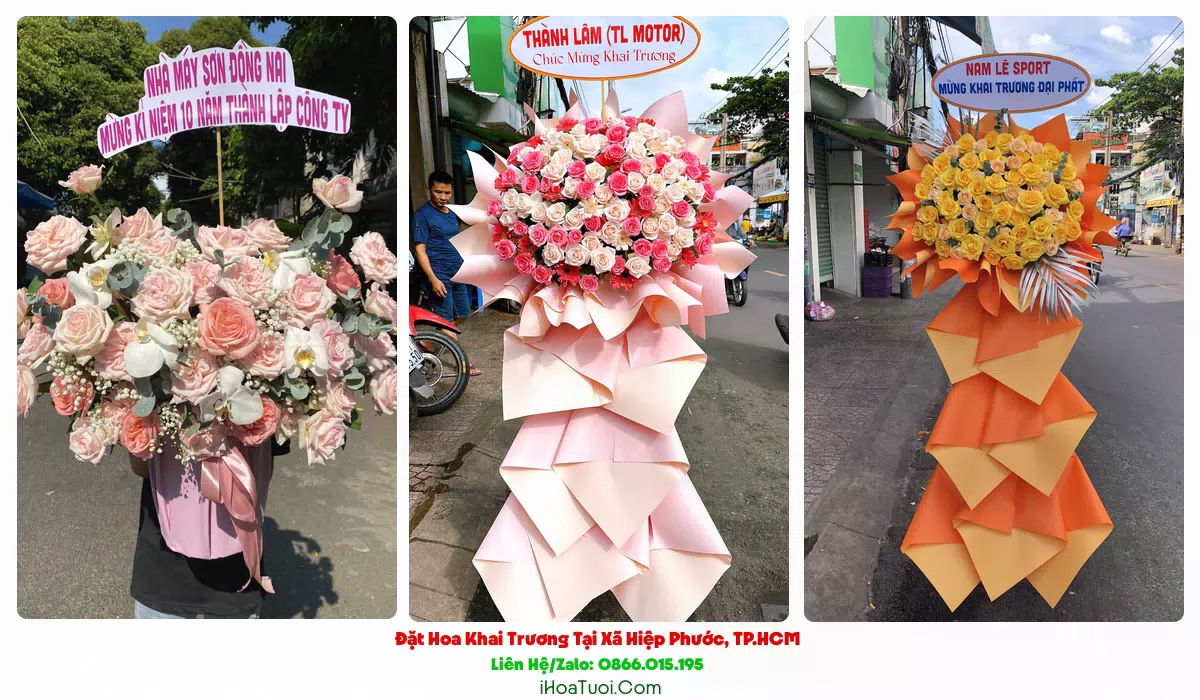 Kệ hoa khai trương đặt trước cửa hàng tại Xã Hiệp Phước
