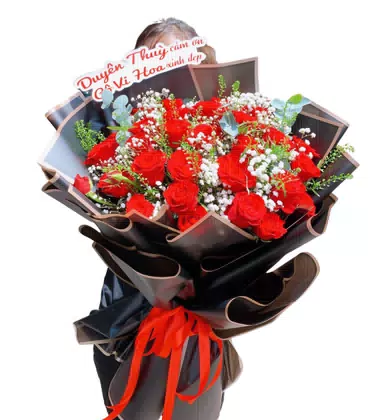 Bó Hoa Hồng Đỏ Cảm Ơn Baby Trắng Sang Trọng