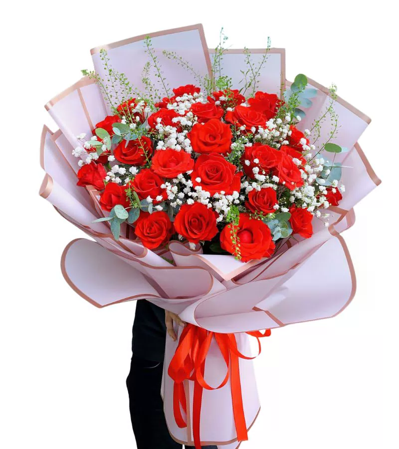 Bó Hoa Hồng Đỏ Giấy Hồng Cam Viền Kim Sang Trọng