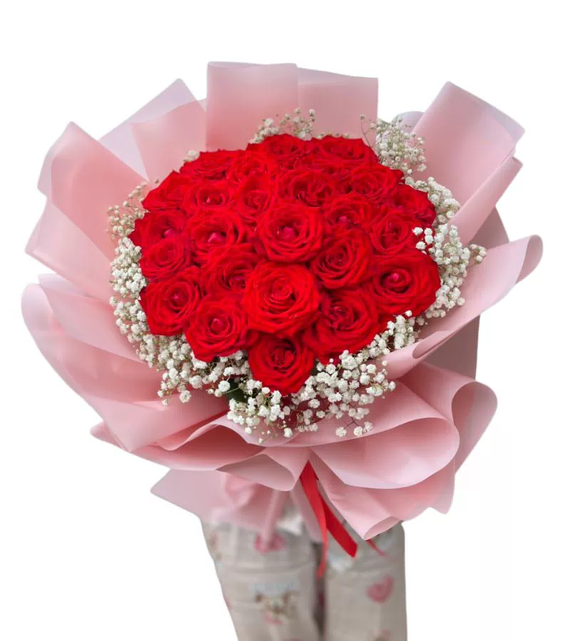 Bó Hoa Hồng Đỏ Tròn Giấy Hồng Lãng Mạn