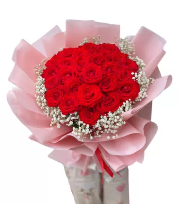 Bó Hoa Hồng Đỏ Tròn Giấy Hồng Lãng Mạn