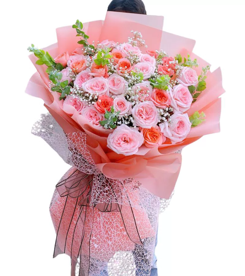 Bó Hoa Hồng Hồng Phấn Nơ Lưới Sang Trọng